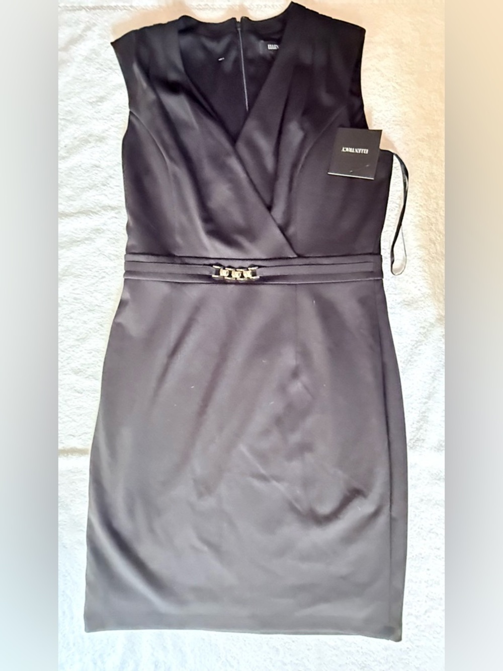 Ellen Tracy Black Sleeveless Wrap-Top Midi Dress with Gold Accent